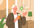 Taking pills concept. Elderly woman taking drug correctly, looking at medication bottle and reading a prescription label information to prevent side effects. Vector illustration.