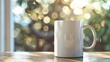 Empty white coffee cup standing on table with blurred bokeh background.