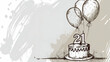 An artistic sketch of a 21st birthday cake and balloons, capturing the essence of celebration in a monochrome palette.
