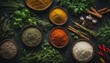 Fresh herbs and spices on dark background, central text space.
