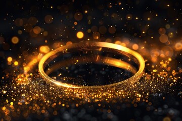 Wall Mural - Abstract golden ring frame with glowing particle on a black background. Generate AI image