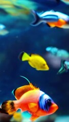 Wall Mural - Colorful tropical fish swim in ocean waters with coral reefs. Marine life in underwater ecosystem. Aquarium with diverse fish species. Concept of aquatic wildlife, exotic pet fish. Motion. Vertical