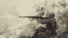 Soldado Segurando Um Rifle Na Batalha - Ilustração Esboço No Fundo Branco 