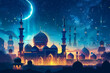 Night scene with mosque and crescent. Eid al Fitr concept, greeting card