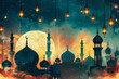 Night scene with mosque and crescent. Eid al Fitr concept. Greeting card