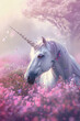 White unicorn in field of pink flowers