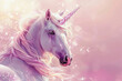White unicorn with pink mane in field of flowers