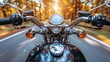 The exhilarating perspective of a rider on a fast-moving bike, cruising down the highway as the sun sets, capturing the essence of speed and liberation