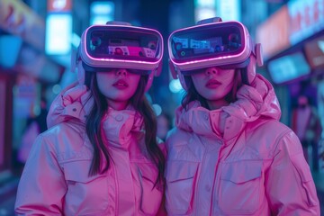 Fashionable young individuals immersed in the metaverse, wearing mixed reality headsets, their expressions captivated by the boundless possibilities of cyberspace