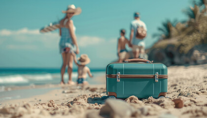 Poster - a family is walking on the beach with a suitcase in the background by ai generated image