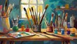 Inspiration Station: Table Set with Brushes and Tools in Art Workshop