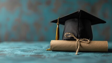 Embrace the significance of education with this symbolic image of a graduation cap, diploma, and blue background.