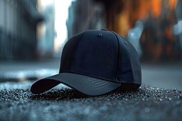 Poster - Mockup of a black snapback cap on a dark background for logo and brand identity. Concept Mockup Design, Black Snapback Cap, Dark Background, Logo Placement, Brand Identity