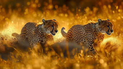 Poster - Two cheetah running on savannah