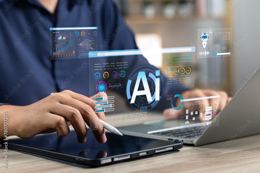 Businessman use artificial intelligence AI technology for enhanced work ...