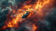 Illustration of a military helicopter, the helicopter is flying high in the sky, there is a lot of strong fire in the sky, the helicopter is being attacked from the ground, an explosion in the air war