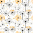 Watercolor seamless pattern with dandelions in black and gold colors on white background.