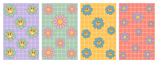 Wall Mural - Vector set of spring groovy posters with daisy flowers. Checkered backgrounds in trendy retro 70s style. Vector illustration