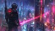Stealthy cyborg mercenary surveys, laser sword in hand, amidst a sea of city lights