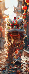 Dragon dance, vibrant dragon costume, symbolic, celebrating Chinese New Year, crowded city street, 3D render, golden hour lighting, motion blur