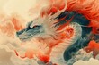Illustration of a dragon amidst swirling clouds and fiery hues.