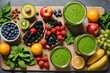 Ingredients for a green smoothie on a wooden chopping board, with fruit, greens and super food powders.