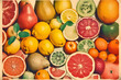 Retro style food poster. Tropical fruits grapefruit, lemon, orange and lime