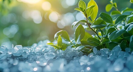 Wall Mural - Camphor crystals on a blurred medicinal herb garden, soothing scent