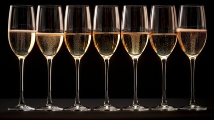 The glasses of champagne are arranged in a row on a table and include the words champagne, celebrate, cheer, cocktail, glasses.