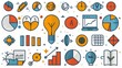 An icon set of 16 modern illustrations related to business management, strategy, career progress, and business processes. Monoline pictograms and infographics - part 25.