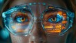 Concept showing smart glasses and augmented reality. Woman wearing modern spectacles with futuristic screens. Technology for the future. Close-up of eye with analytics and business statistics.