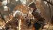 Tender Moment Between Grandfather, Grandchild, and Dog in Fall