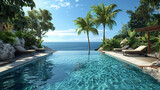 Fototapeta  - Luxurious large pool in a Caribbean resort. Infinity pool overlooking the ocean with tropical palms