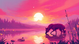 Fototapeta Zwierzęta - Lobo-guará em um lago ao por do sol rosa - Ilustração