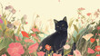Gato deitado no jardim florido - Arte colorida 