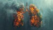 Minimalism of A powerful image illustrating lungs made from tree-filled landscapes and a burning forest, symbolizing the effects of deforestation on air quality and global health,Pop art portraits