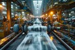 Image showcases the industrial process with steel coils in motion on a conveyor system in a manufacturing plant