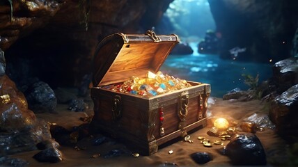 In the pirate cave, there is an ancient wooden chest filled with gold coins and treasure on a white background.