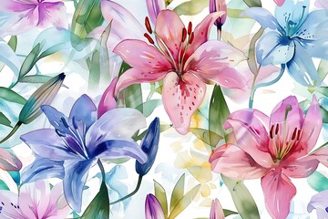 Watercolors of lily flowers, seamless pattern tile.