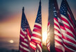 American flags fluttering in the wind at sunset with a soft focus background, symbolizing patriotism and national pride.