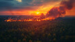 forest fires aerial view. drought and high temperatures, long periods of dry and hot weather, flammability risk increasing. smoke clouds above trees and grass burning