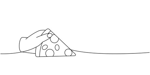 Hand holding a italian pizza slice one line continuous drawing. Traditional italian fast food continuous one line illustration.