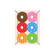 Donuts in the box. Bakery sweet pastry food. Vector illustration.