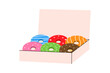 Donuts in a cardboard box. Bakery sweet pastry food. Vector illustration.