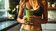 Slim woman wearing sport wears holding glass of green vegetable smoothie standing in bright modern kitchen. Healthy lifestyle and nutrition concept.