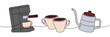 Coffee set one line colored continuous drawing. Coffee machine, espresso cups, gooseneck kettle continuous one line colored illustration.