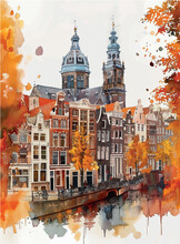 Romantic Watercolor Drawing Of Autumn Streets, Beautiful Architecture And Canals Of Amsterdam In Orange Tones With A Canal And Boats