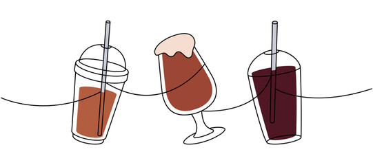 Wall Mural - Takeaway coffee cups one line colored continuous drawing. Hand drawn elements for cafe menu, coffee shop. Vector linear illustration.