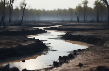 Lifeless devastated and infected land, toxic and poisonous soil, concept of ecological disaster, pollution and environmental harm