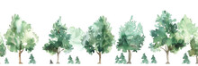 Seamless Watercolor Border Panorama Of Deciduous Trees In Varied Green Hues